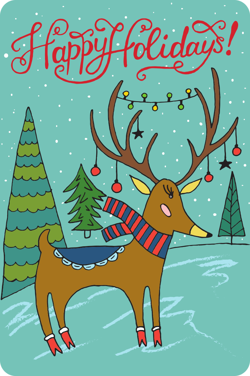 Postcard with a reindeer in a striped scarf and the words Happy Holidays