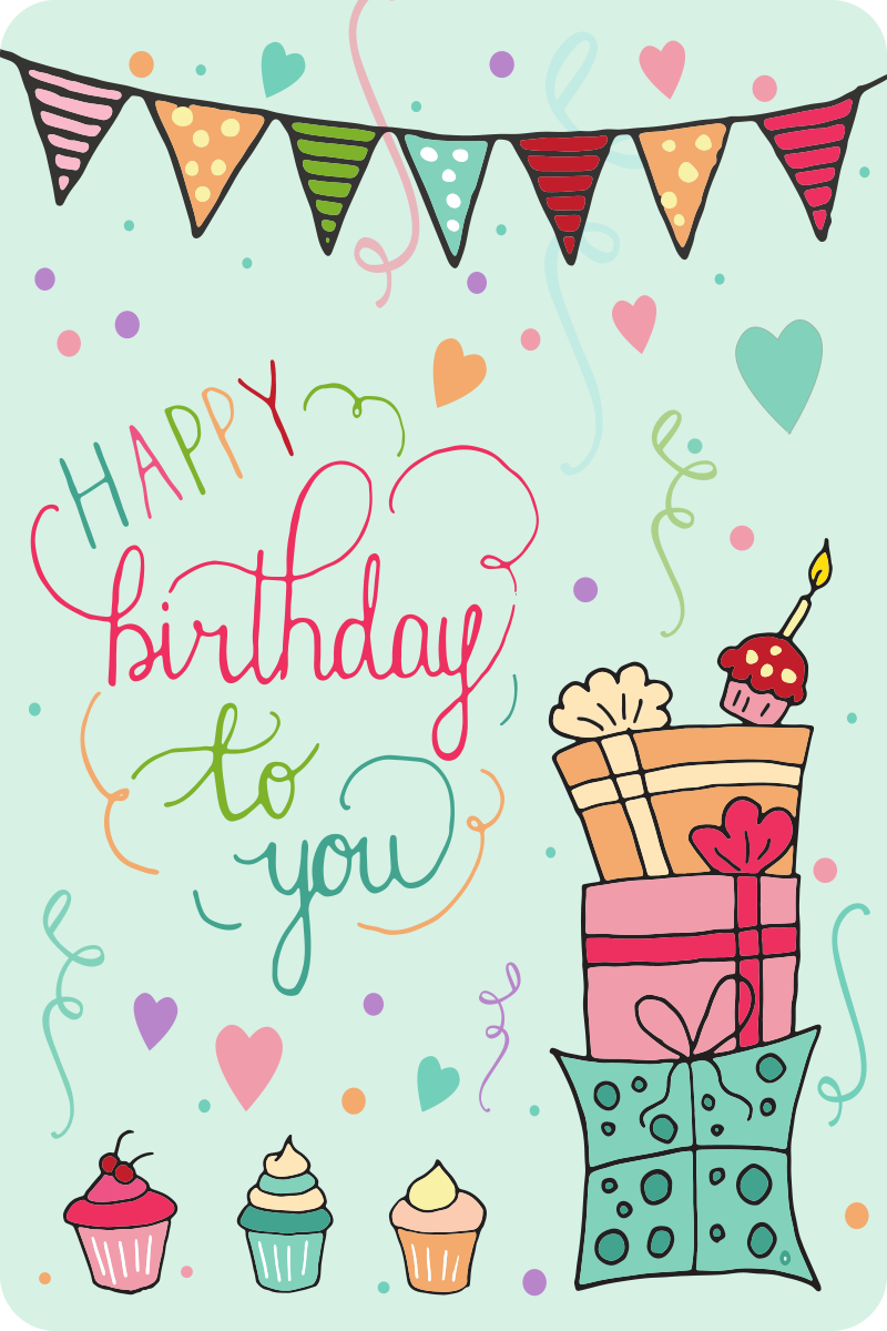 Birthday postcard with a pennant banner, gift stack and cupcakes on mint green