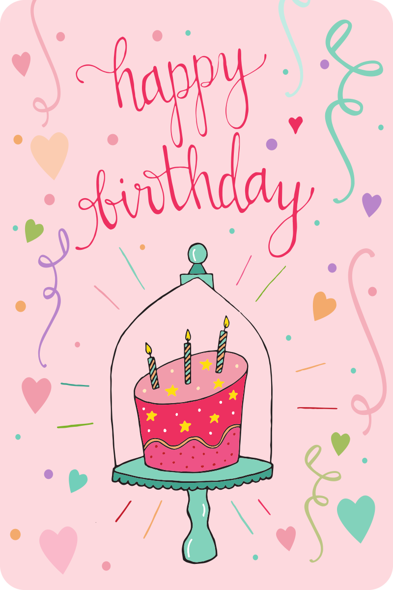 Birthday postcard with a cake under a glass dome on pink