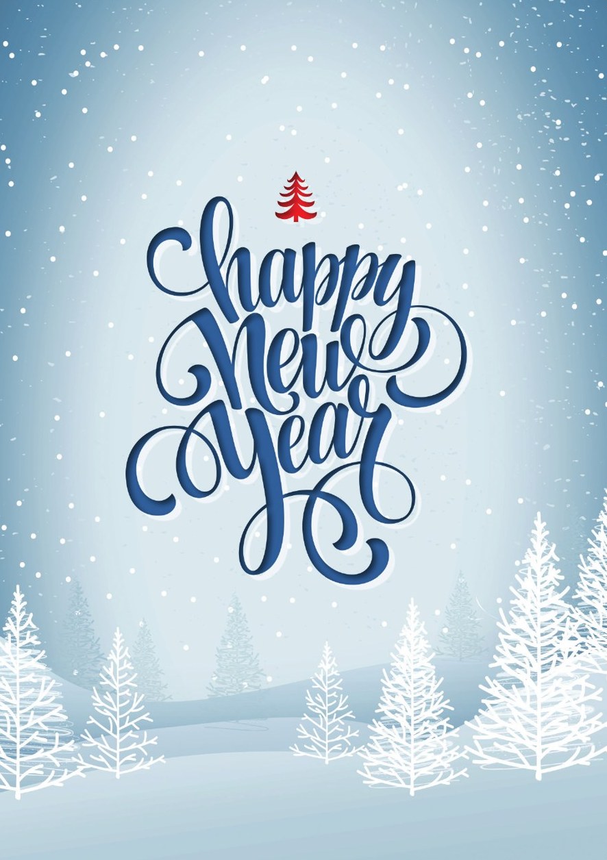 Happy New Year card with blue lettering and snowy pine trees