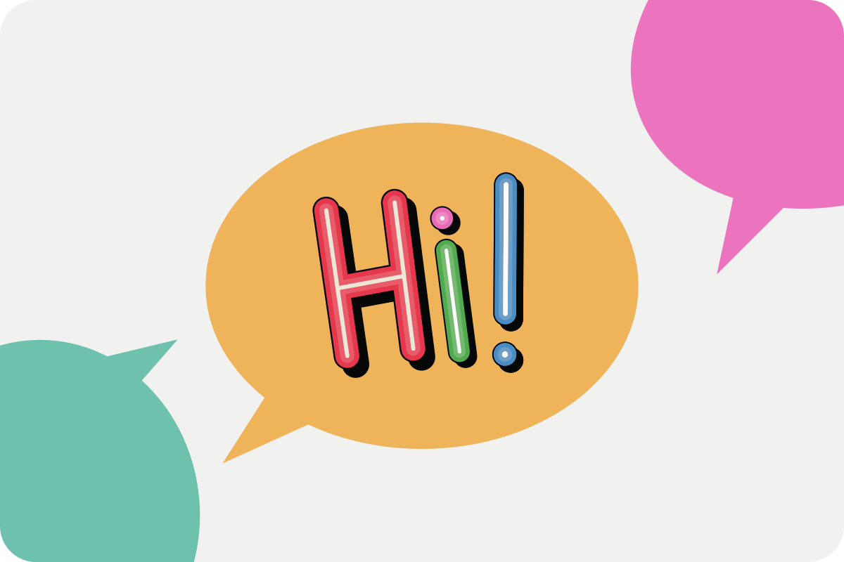 Hi! postcard in a yellow speech bubble