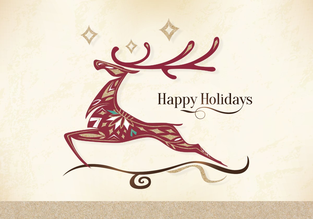 Happy Holidays card with a leaping burgundy reindeer